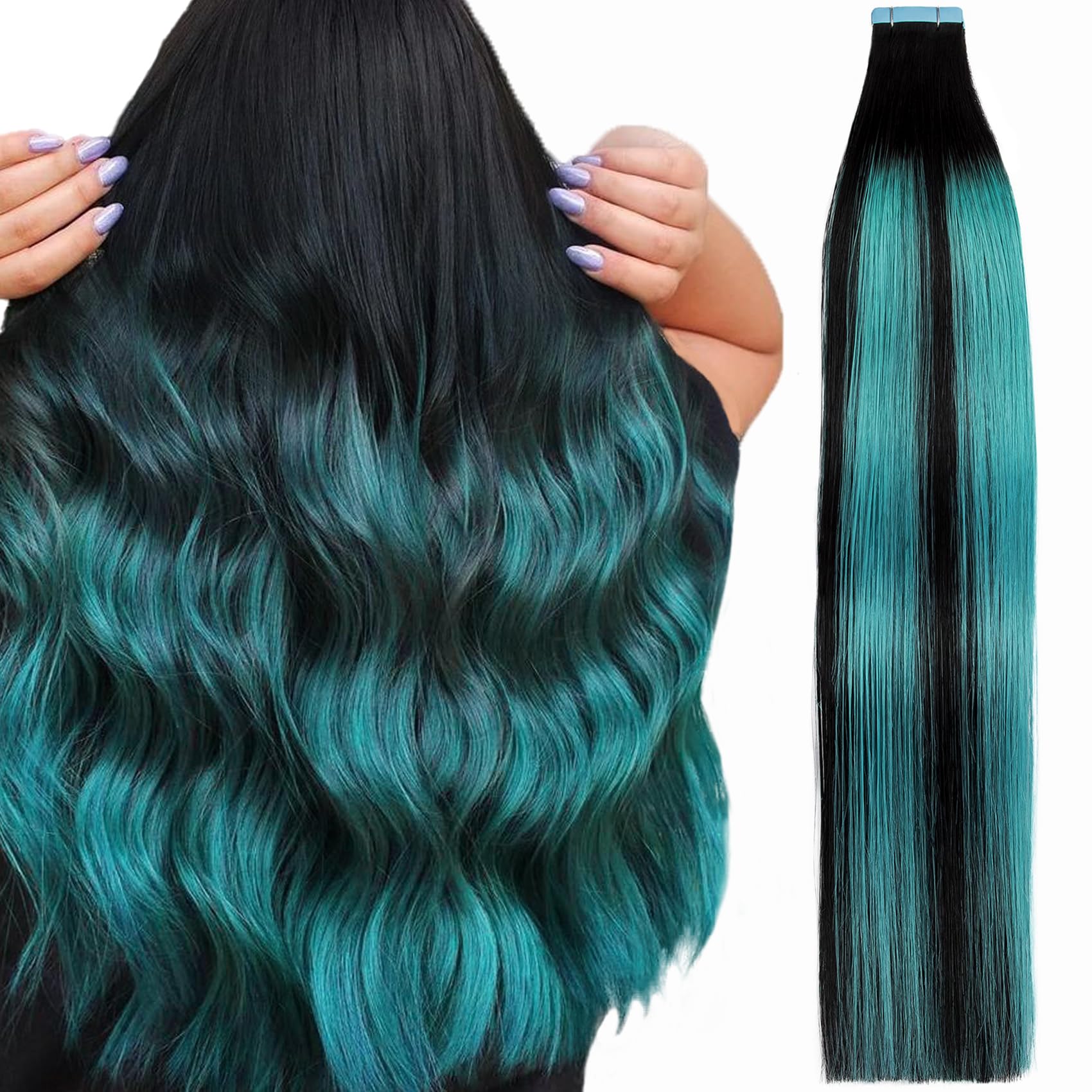 Photo 1 of 18 Inch Tape in Hair Extensions - 10 Pieces (2g/Piece) 100% Remy Human Hair - Includes Waterproof Tapes - Black Teal Green Balayage