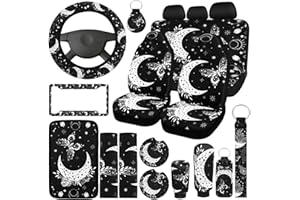 Estune 19 Pieces Moon Butterfly Car Seat Covers, Full Set Car Accessories Steering Wheel Cover Front Rear Seat Cover Headrest Armrest Cover Seat Belt Cover Cup Holder Keychains Wrist Strap for SUV