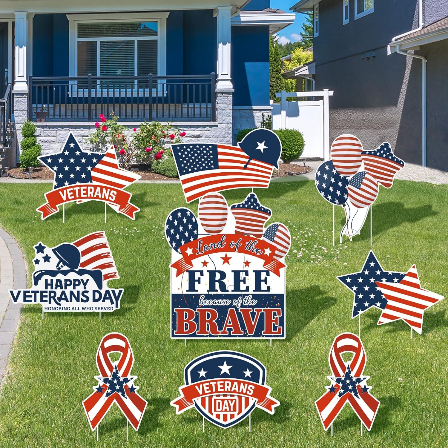 Yard Signs - ADXCO 9 Packs Happy Veterans Day Patriotic Yard Sign Thank You Veterans Party Yard Sign Lawn Sign with Stakes for Veterans Day Party Decorations