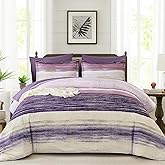 WONGS BEDDING 7 Piece Queen Comforter Set, Purple Striped Queen Size Bedding Set for All Season, Boho Soft and Breathable Bed in a Bag with Comforter, Flat Sheet, Fitted Sheet, Pillowcases & Shams