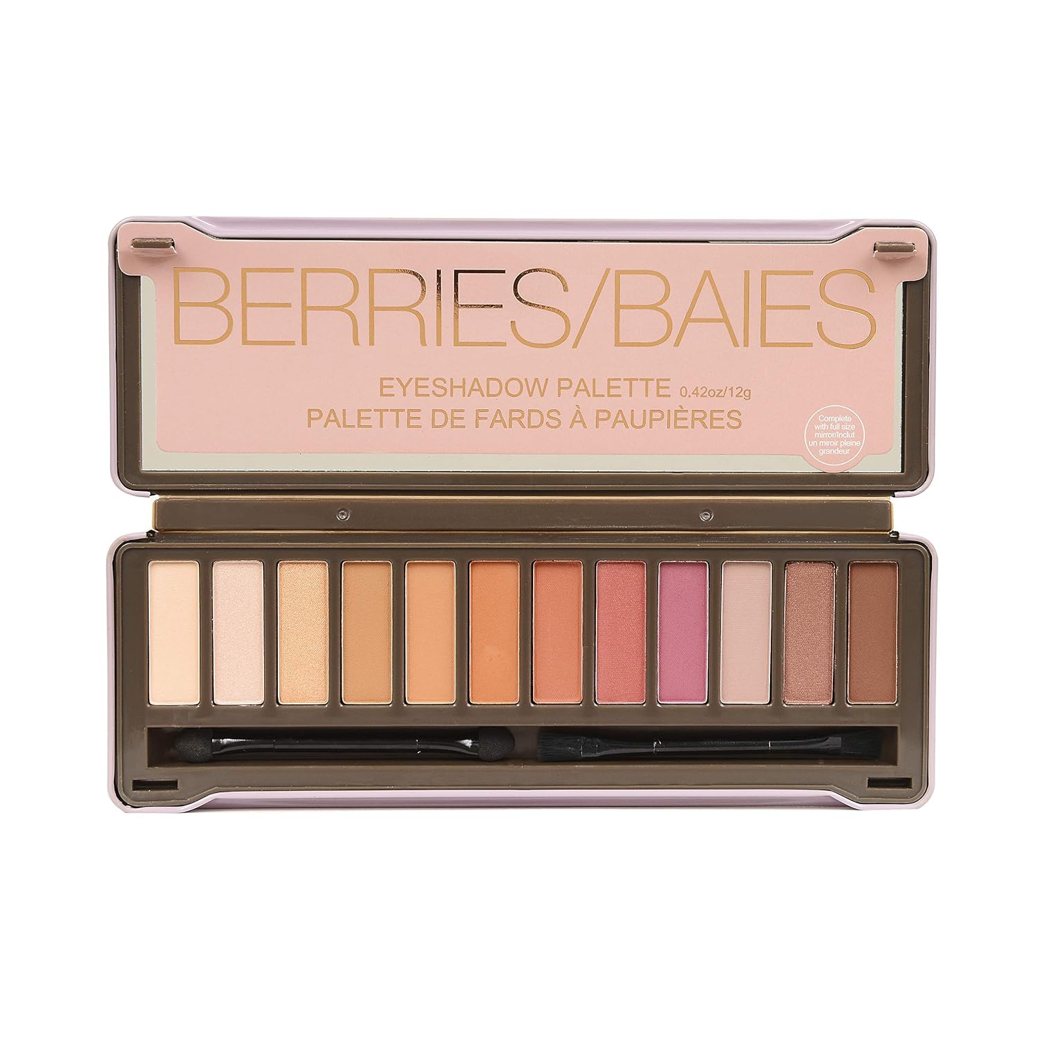 BYS Berries Eyeshadow Palette Tin (with French Translation) with Mirror Double Ended Applicator and Blender Highly Pigmented 12 Matte & Metallic Shades