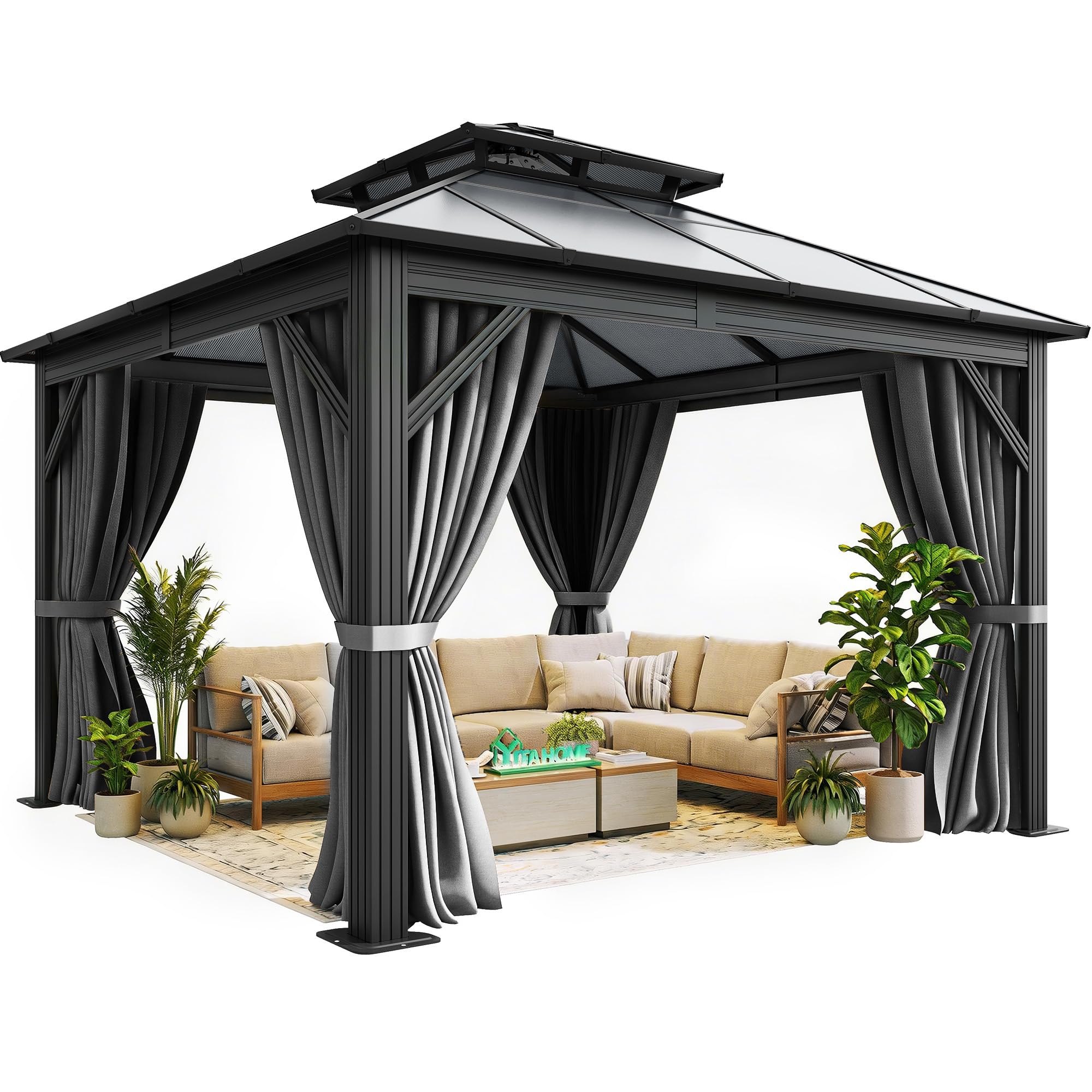Photo 1 of ***FOR PARTS / MISSING PIECES*** YITAHOME 10X10FT Polycarbonate Hardtop Gazebo Outdoor Patio Double Top Canopy Galvanized Iron Metal Column Garden Tent Curtains Netting for Backyards Decks Lawns,Gray