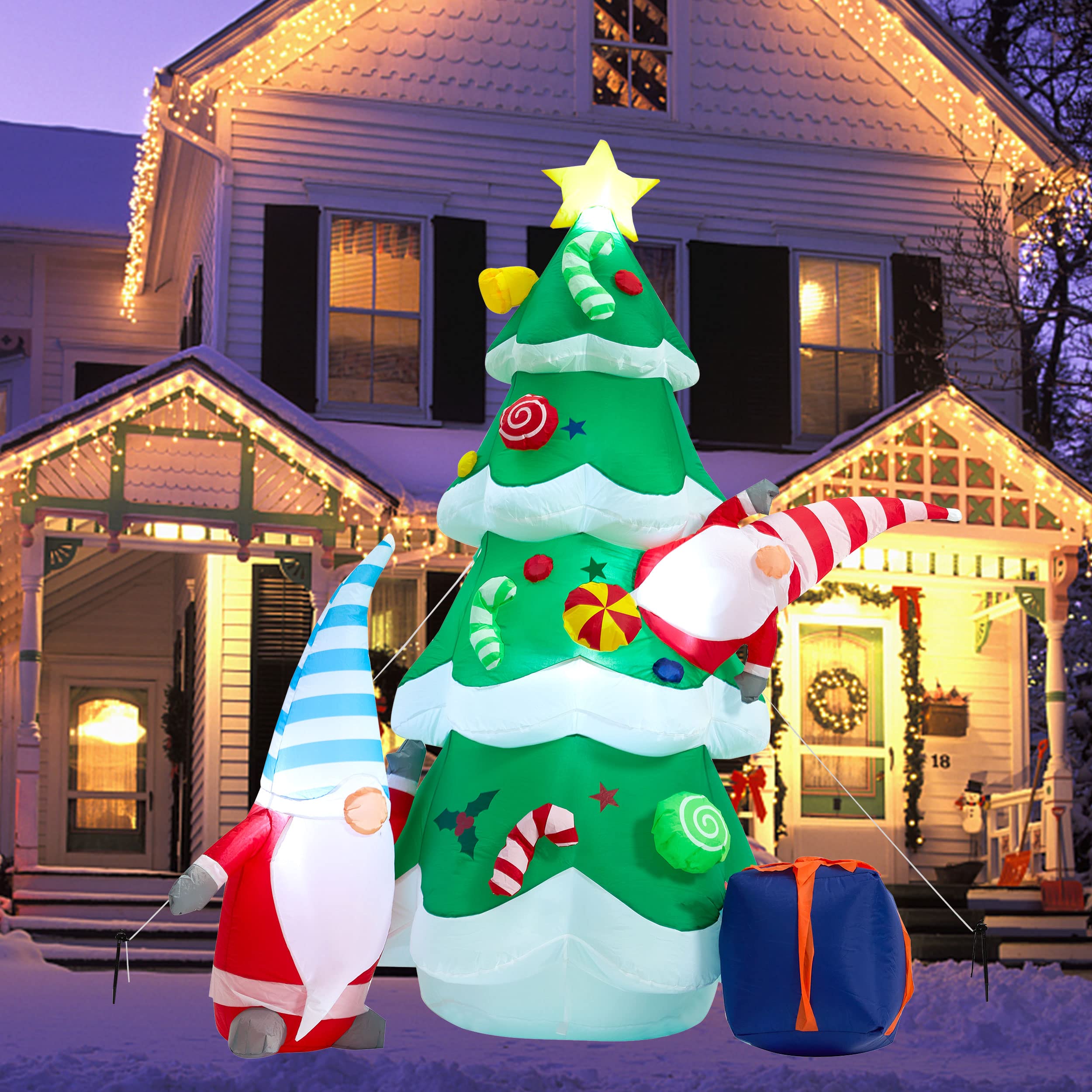 Photo 1 of SUNGIFT Christmas Inflatable Tree, 7 FT Giant Lighted Christmas Blow Up Santa Claus with Gift Box for Indoor Outdoor Yard Garden Xmas Inflatables Party Decorations