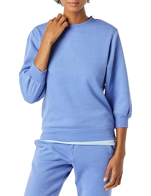Amazon Essentials Women's French Terry Fleece Crewneck Sweatshirt with Sleeve Detail, Blue, Medium
