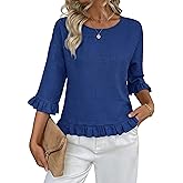 siliteelon Womens 3/4 Sleeve Tops Summer Tshirts Ruffle Flowy Crew Neck Dressy Casual Blouses 2026 Trendy Cute Work Outfits
