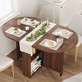 Garvee 3-in-1 Folding Dining Table with Wine Rack &amp; Cup Holder Lockable Casters, Drop Leaf Oval Folding Kitchen Table for Small Spaces