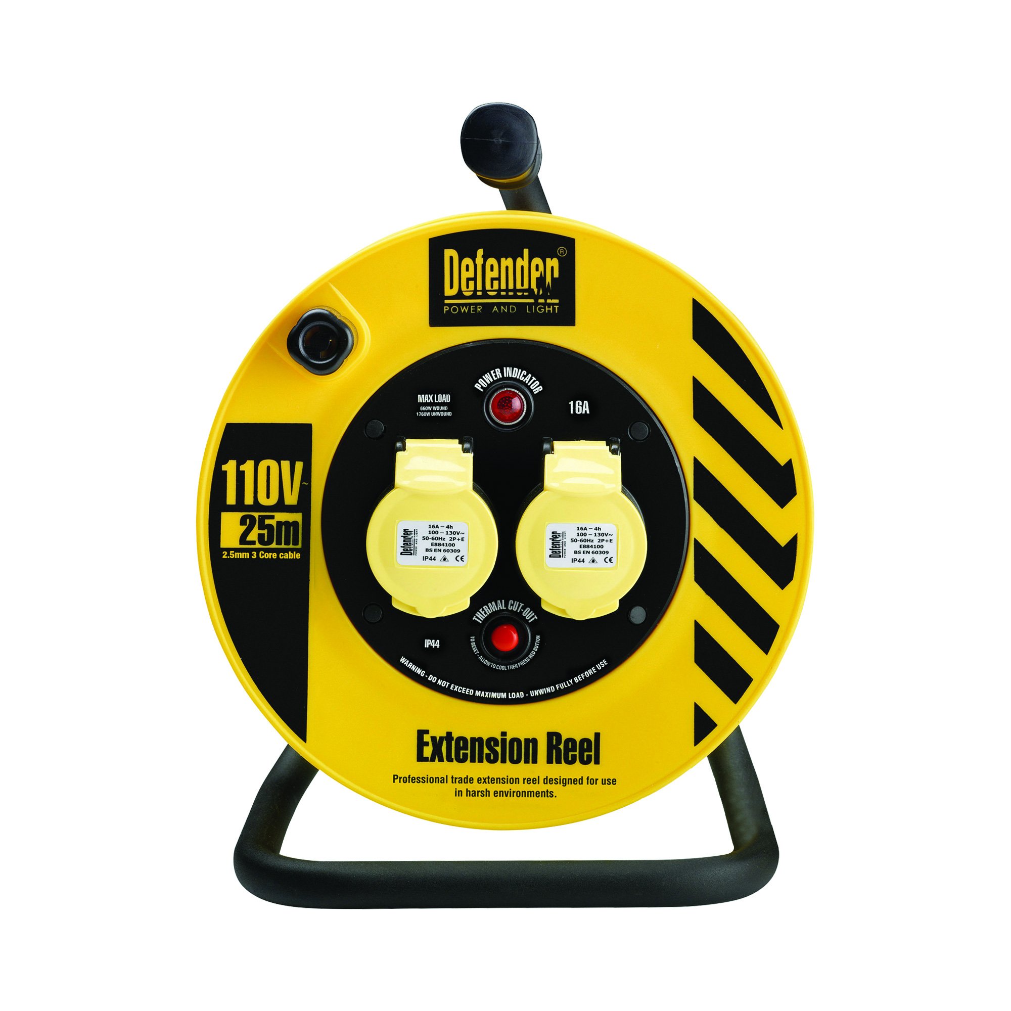 Defender E86450 Light Industrial Cable Reel 25 Metres-16A 2 Way 2.5mm 110V(3-pin rounded plug), Yellow/Black
