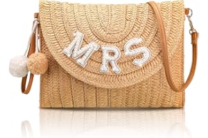 Pinkunn Bride Gift Straw Shoulder Bag Clutch Rhinestone Letter Purse Beach Bachelorette Honeymoon Wedding Bridal Shower