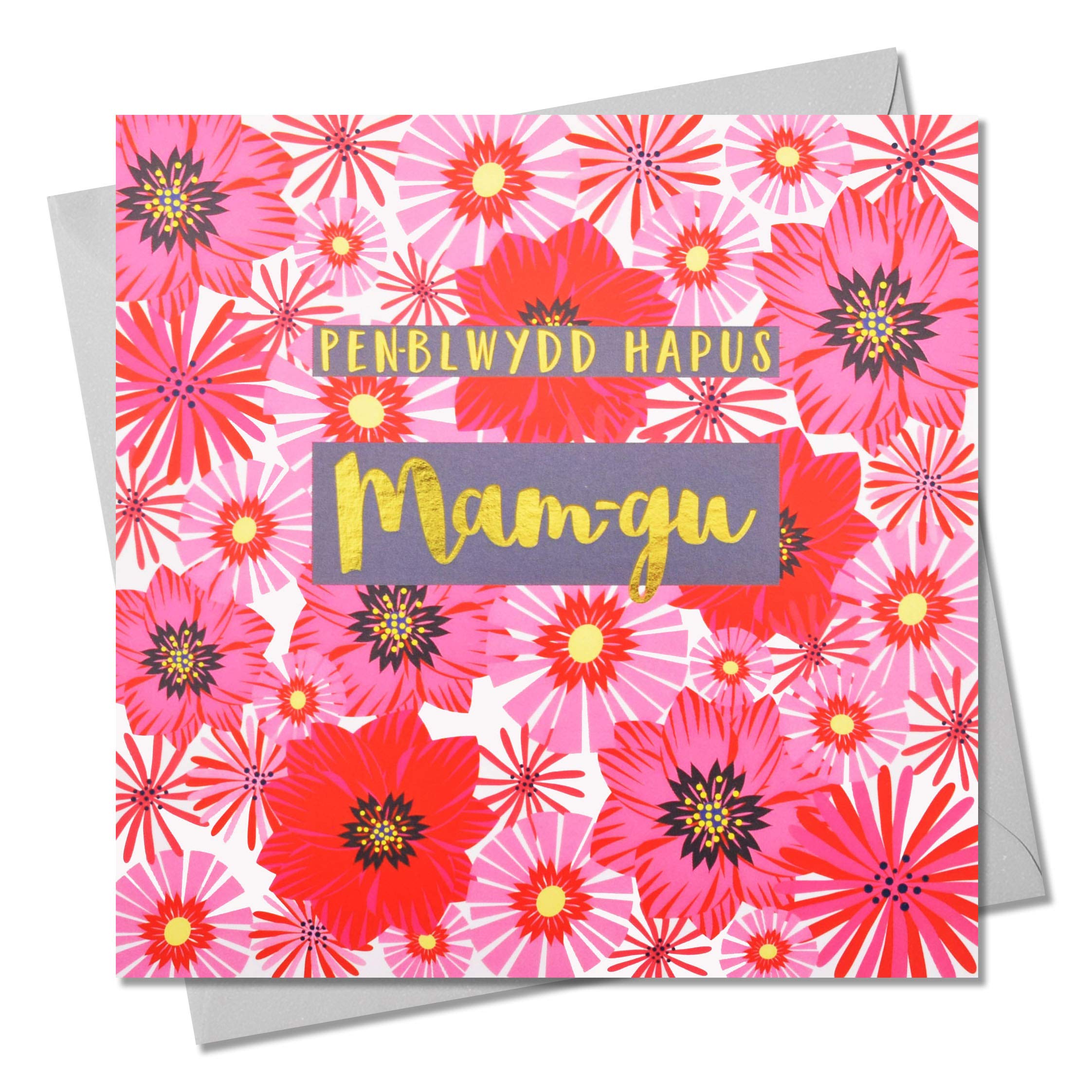 Claire Giles Greeting Cards, Welsh Happy Birthday Granny Card, Penblwydd Hapus Mam-gu, Text Foiled in Shiny Gold