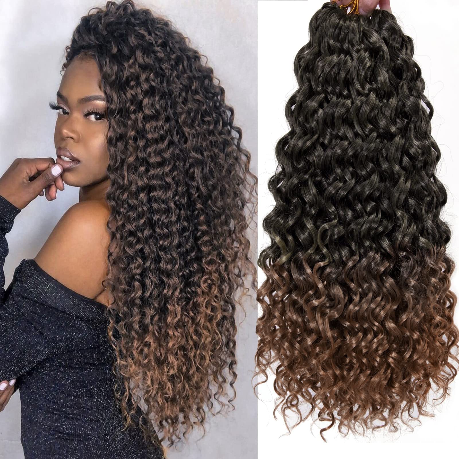 Photo 1 of GoGo Curl Crochet hair 24inch Water Wave Crochet hair Ombre Synthetic Bohemian Crochet Braid Deep Wave Braiding hair Extensions(5Packs,1B/30)