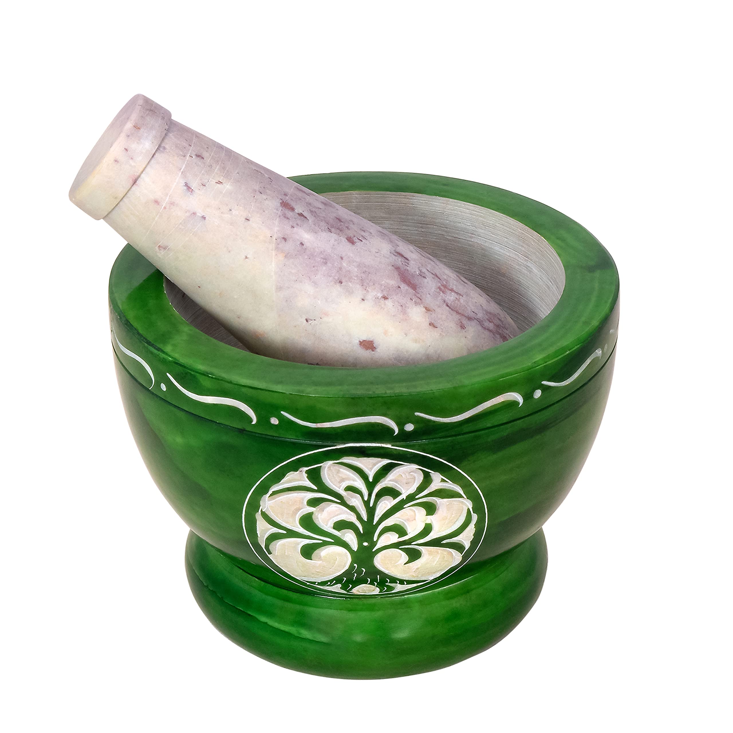 Divit Shilp Mortar and Pestle, Made of Heavy Duty Polished Hard Stone, Natural Stone Grinder For Spices, Pastes, Herbs, Seasoning etc. (Green Tree of Life) โ image 1