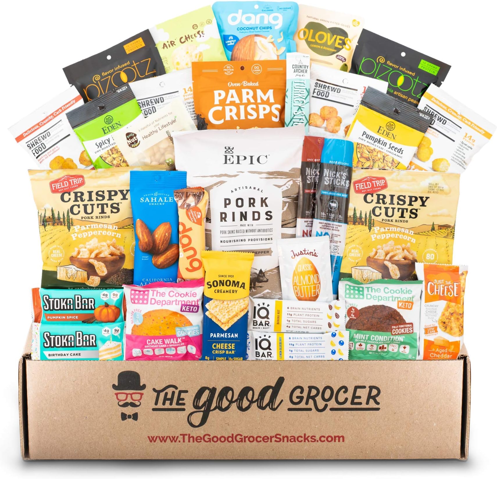 Deluxe KETO Friendly Snacks Care Package (30ct): Ultra Low Carb, Gluten Free, Low Sugar, Pork Rinds, Grass Fed Meat Sticks, Bars, Crispy Cheese, Nuts, Healthy Keto Gift Box Variety Pack
