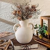 Varsoul Rustic Ceramic Farmhouse Flower Vase with 2 Handles, Whitewashed Terra Cotta Vase, Decorative Pottery Flower for Home Decor, Table, Living Room, Shelf Decor, 7.3 Inch, White
