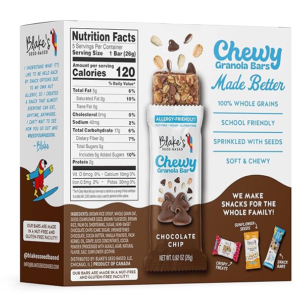 BLAKE’S SEED BASED CHEWY GRANOLA BARS — CHOCOLATE CHIP (5 COUNT), VEGAN, GLUTEN FREE, NUT FREE & DAIRY FREE, HEALTHY SNACKS FOR KIDS OR ADULTS, SCHOOL SAFE, LOW CALORIE SOY FREE SNACK