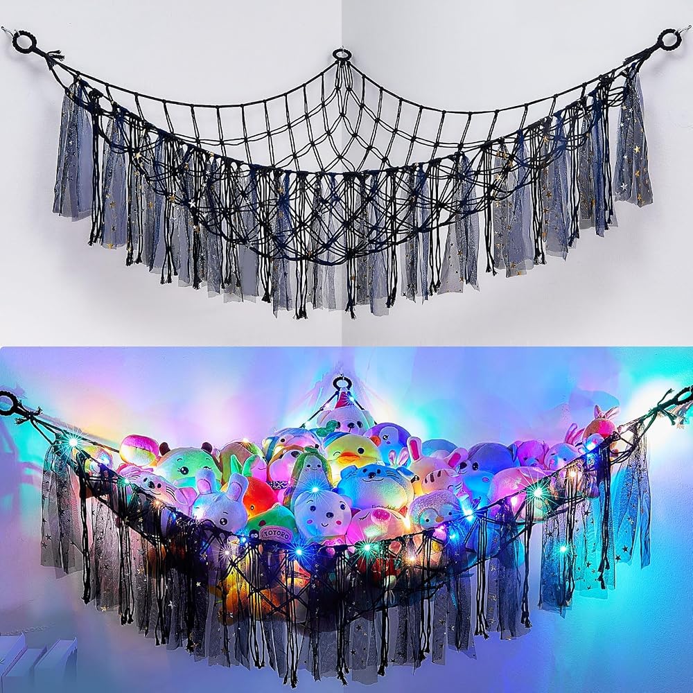 MHJY Toy Hammock Storage Net with LED Light Large Corner Organizer
