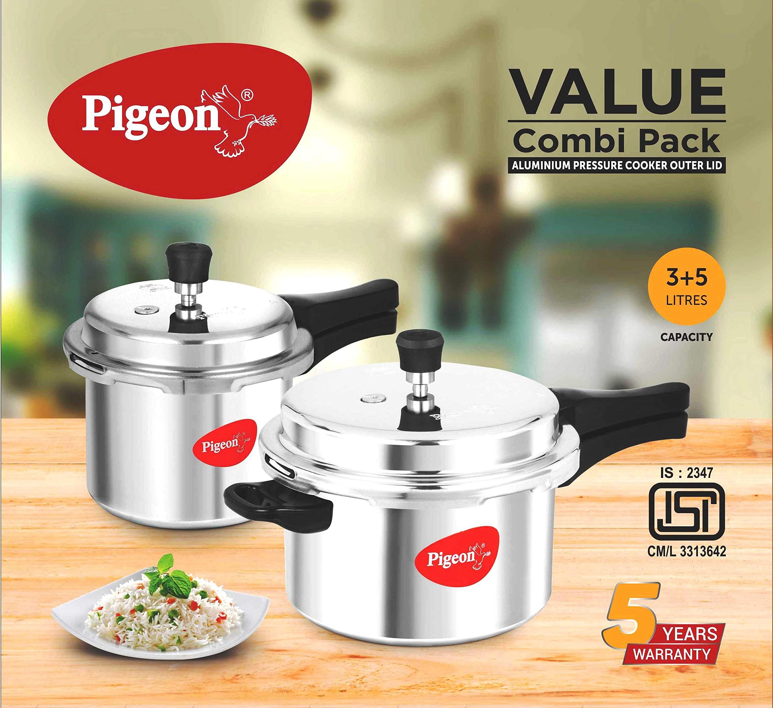 Pigeon by Stoverkraft Aluminium Pressure Cooker with Lids, 3 and 5 L Pack, Silver