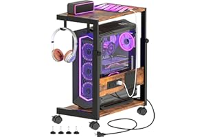 Akxomel Height Adjustable Computer Tower Stand with Charging Station, 2 Tier Mobile Floor PC Stand, CPU Holder Cart for Carpet, Rolling Printer Stand with Hooks, Rustic Brown