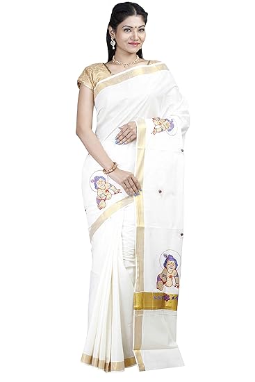 women's kasavu lord Krishna Embroidered cotton saree with Blouse (JIS SAREE F75)