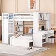 Harper & Bright Designs Full Over Twin Bunk Bed with Desk, Storage, Solid Wood Bunk Bed with Shelves and Wardrobe, Twin Size Loft Bed with a Stand-Alone Bed for Kids Teens Adults - White