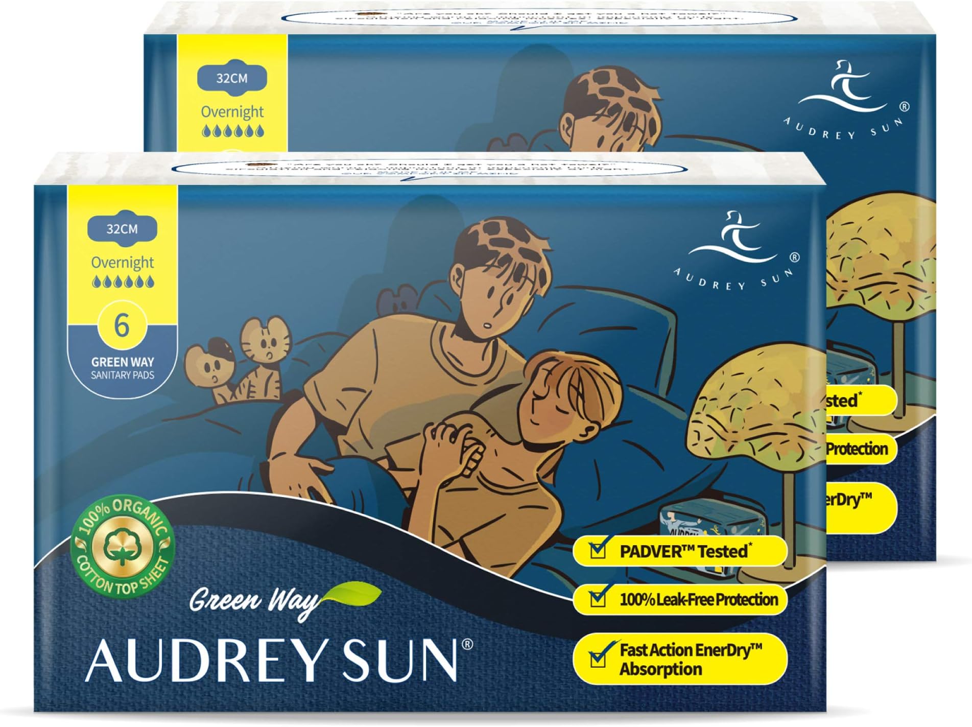 AUDREY SUN Organic Pads with Wings for Women – Ultra Absorbent Cotton Core – No Leaks – Zero Chemicals – Long-Lasting Protection – Overnight 12 Count (2 Packs of 6 Pads)