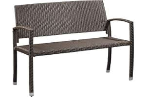 Patio Sense 63363 Miles Patio PU Wicker Steel Frame All Weather Bench Attractive Woven Design Easy Assembly Lightweight Year Round Accent Patio Porch Lawn Garden Setting - Mocha