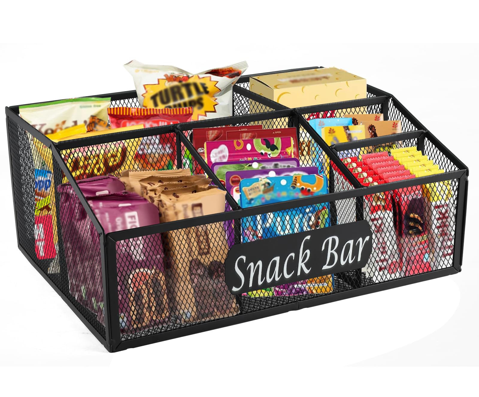 Photo 1 of Xbopetda Snack Organizer for Pantry Shelf, Metal Snack Organizer Snack Basket, 6 Compartment Snack Bin Holder Chip Organizer, Snack Bar Station Organizer, Kitchen Pantry Organizer and Storage (Black)