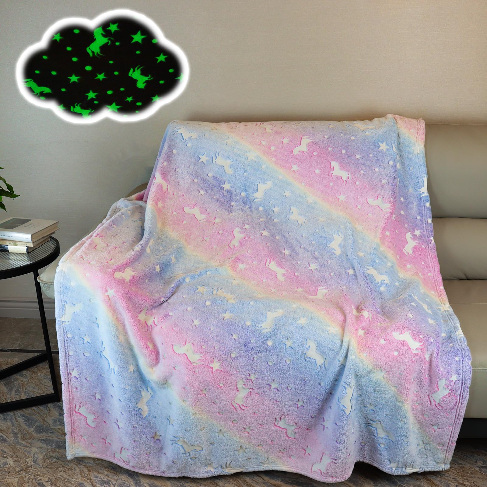 AVJWWD Glow in The Dark Throw Blanket, Unicorn Flannel Fleece Throw Blanket,All Season Blanket Couch Sofa Nap Blanket for Kids Girls Boys Adults Gifts (Unicorn C, 130 x 150 cm)