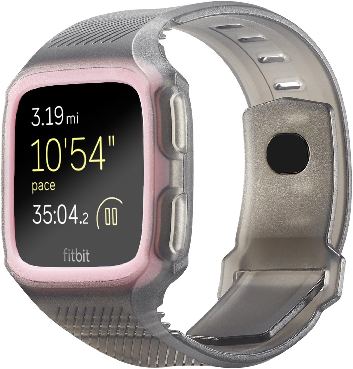 Shangpule Fitbit Versa Bands, Silicone Versa Rugged Wristband with Protective Case Frame, Anti-Impact Replacement Bands Quick Release Watch Bands Strap for Fitbit Versa (Translucent+ Pink)