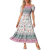 Allegra K Boho Smocked Dress for Women's Maxi Floral Off-Shoulder Flowy Dresses