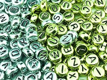 【クリックで詳細表示】ノーブランド品 アルファベット ビーズ ラウンド 丸形 7mm 200個 ゴールド シルバー (AP0057)