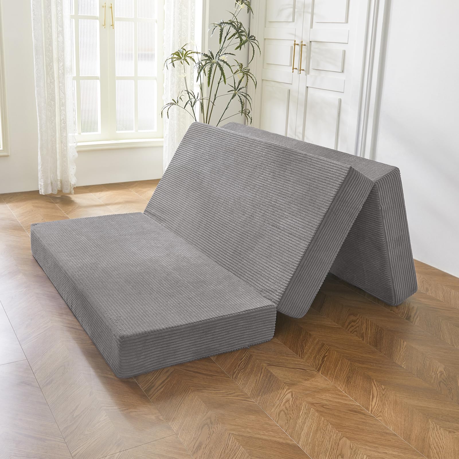 Photo 1 of ++SIMILAR+++BYBYME Tri-Folding Corduroy Mattress, 6 Inches Gel Folding Mattress Topper, Foldable Soft Guest Bed Camping Pad, Washable Cover (Grey, Full)