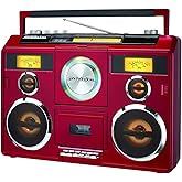 Studebaker SB2140 Sound Station Boombox (Red) | Bluetooth In/out, CD/MP3, AM/FM Radio, Cassette Recording, USB Playback, Aux Input, Headphone Jack, Rechargeable Battery