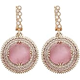 Turkish Handmade Jewelry Round Shape Pink Cat's Eye Quartz and Round Cut Topaz 925 Sterling Silver Dangle/Drop Earrings