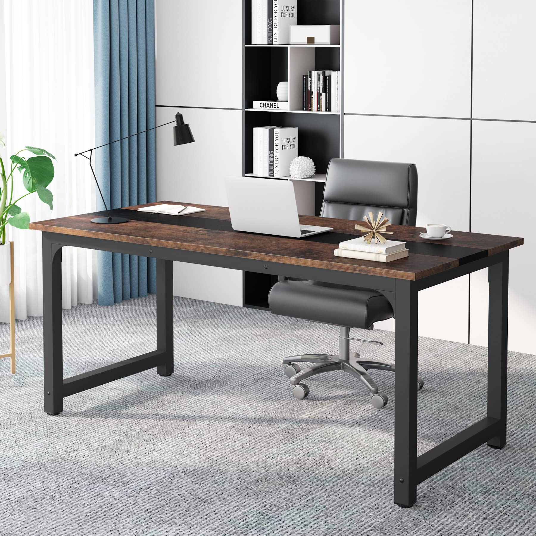 Tribesigns 70.8”Executive Desk, Large Office Computer Desk with Thicken Frame, Modern Simple Workstation Business Furniture for Home Office, Vintage Brown/Black Image Tribesigns 70.8”Executive Desk, Large Office Computer Desk with Thicken Frame, Modern Simple Workstation Business Furniture for Home Office, Vintage Brown/Black Image