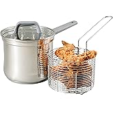 Oster Beauford 4-Quart Stainless Steel Deep Fryer Pot with Basket &amp; Glass Lid &ndash; Induction, Oven &amp; Dishwasher Safe, 5-Ply Encapsulated Base, Soft-Touch Handle