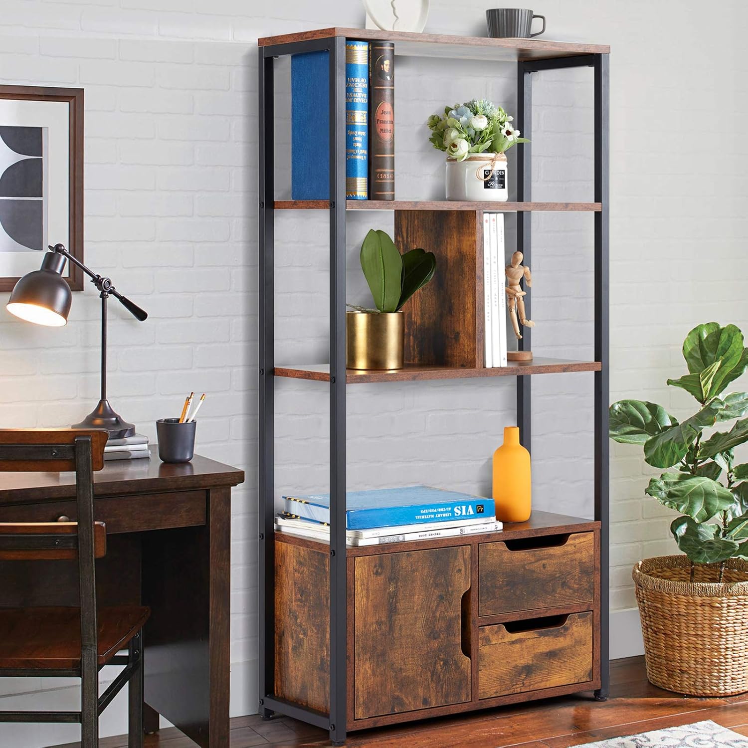 HOMHUM Industrial Bookcase with Cabinets, 3-Tier Freestanding Storage Bookshelf, Open Display Shelf, Wooden and Metal Organizer Rack Furniture for Living Room, Home Office