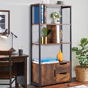 HOMHUM Industrial Bookcase with Cabinets, 3-Tier Freestanding Storage Bookshelf, Open Display Shelf, Wooden and Metal Organizer Rack Furniture for Living Room, Home Office