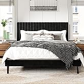 Sismplly Full Size Bed Frame with Velvet Upholstered Headboard, Platform Bed with Strong Wood Slats, Mattress Foundation, Box Spring Optional, Easy Assembly, Black