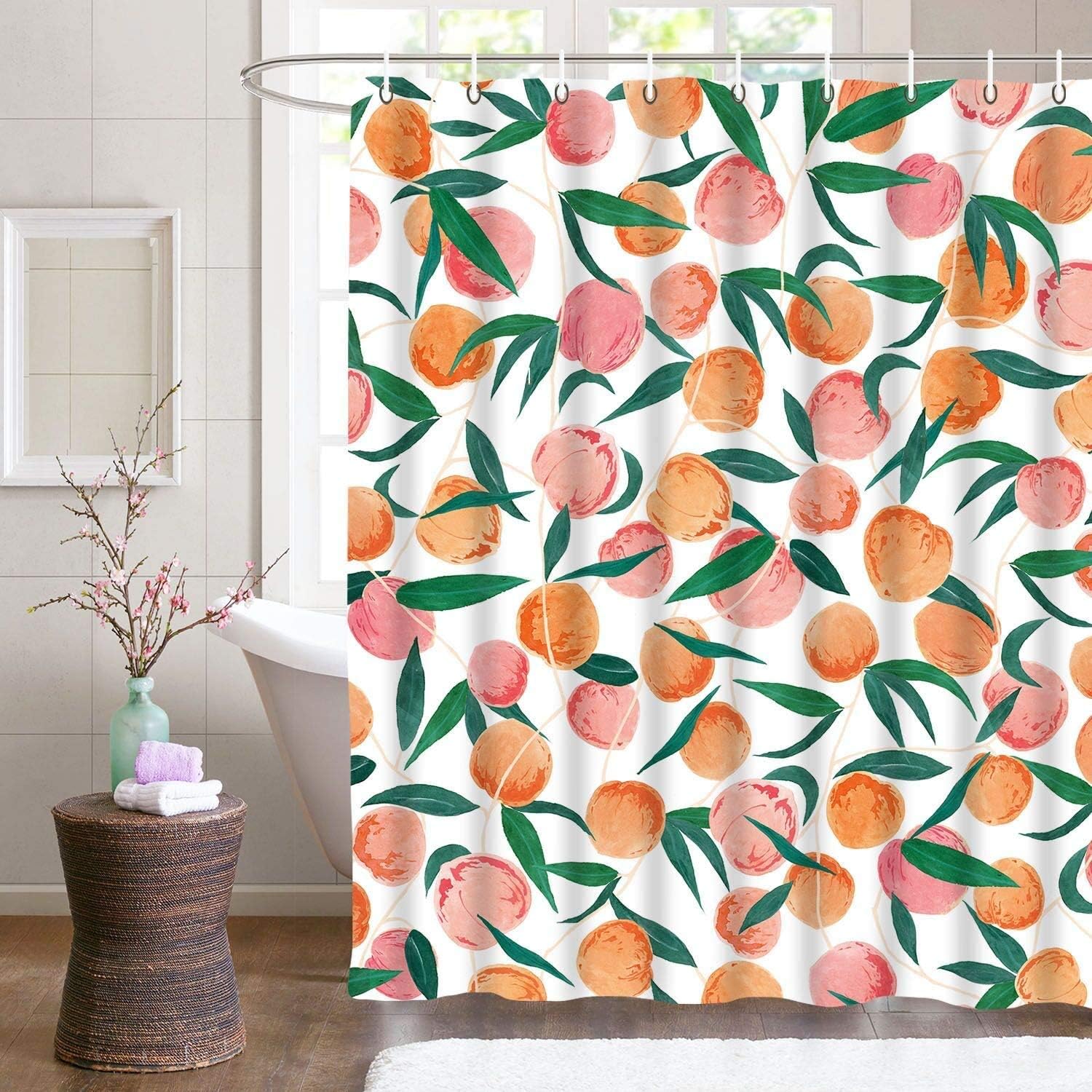 Peach Shower Curtain Pink Fruits Design Colorful Watercolor Fresh Polyester Fabric