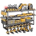 Spampur Power Tool Organizer, Quick Assembly & Max 200lb Load With 6 Outlet Power Strip, 4 shelves 8 Slots for Cordless Drill Holder Wall mount in Garage/Workshop/Pegboard Suitable for Father's Day