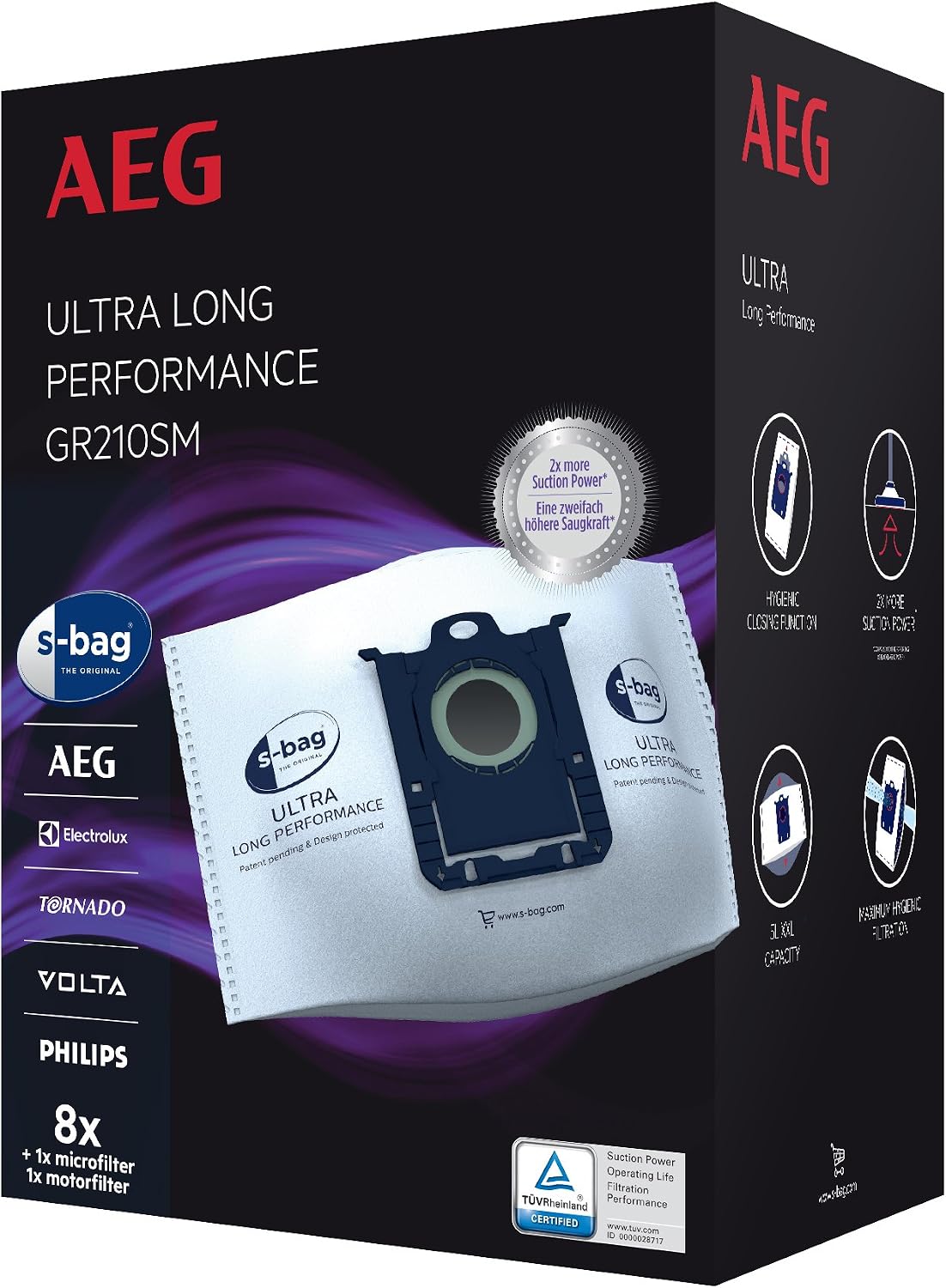 AEG GR210SM S-Bag Ultra Long Performance Vacuum Mega Pack, White, 8 Staubbeutel