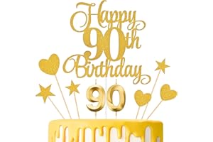 Lecferrarc 90th Birthday Cake Toppers, 90th Birthday Candles Numeral Candles and Glitter Cake Decorations Toppers Set for Party Supplies (Gold)