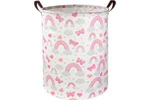 DDBASKET Pink Laundry Basket Girls Hamper Clothes Collapsible Toy Storage Bin Organizer with Handles for Kids, Baby,Nursery Hamper (Pink Rainbows)