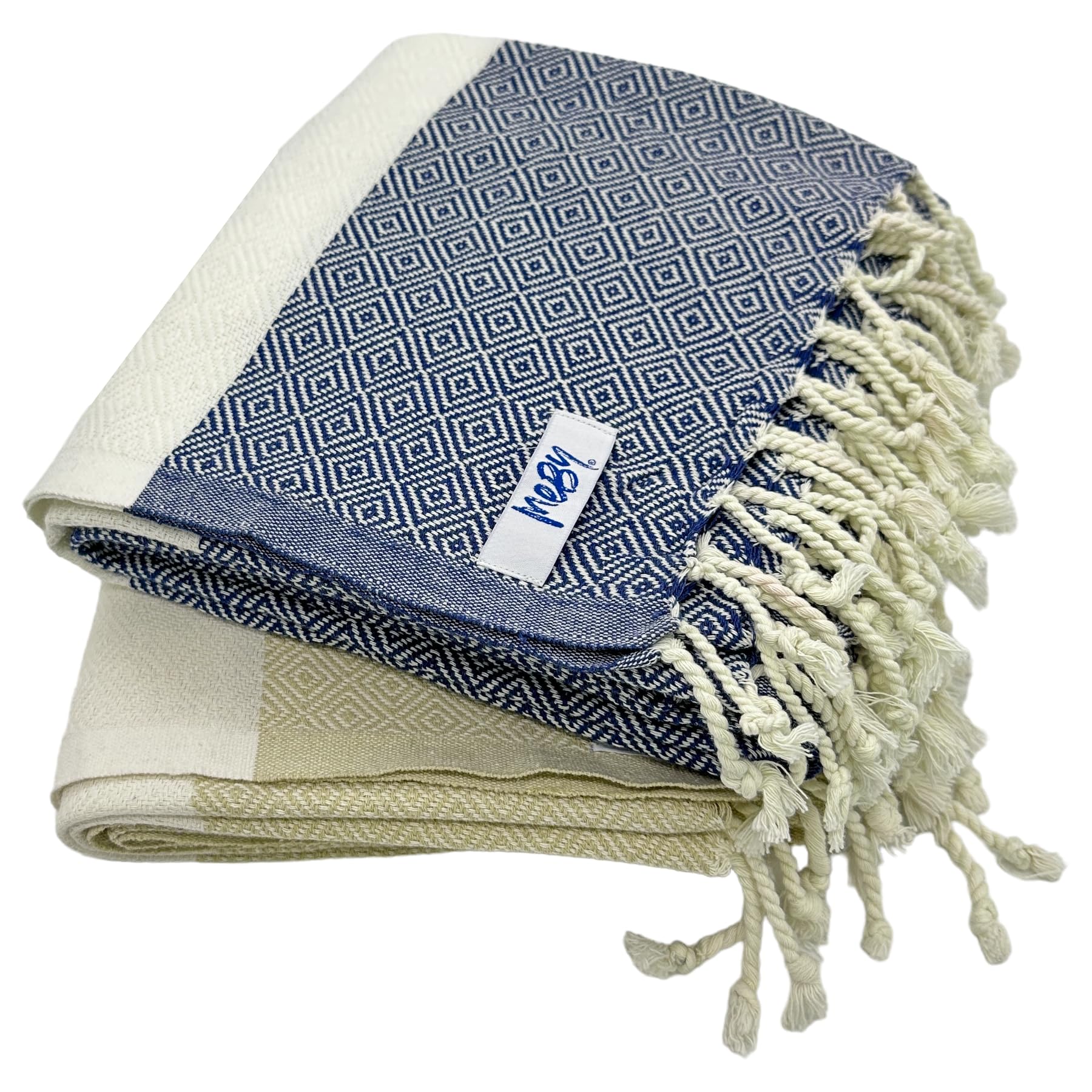 MEBY Set of 2 XXL Large 90 x 180 cm 100% Cotton Turkish Beach Towels - Blue Geometric Pattern