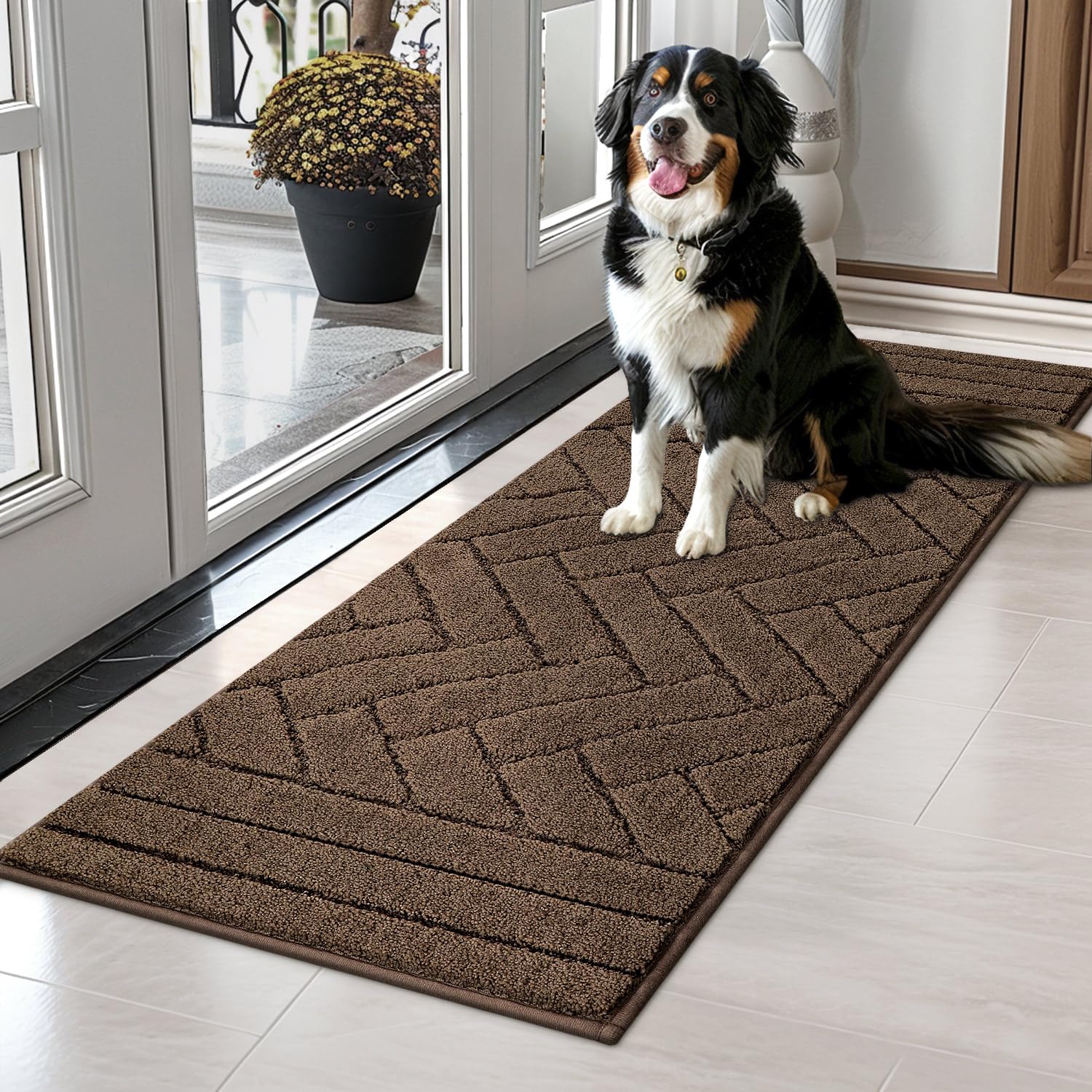 Photo 1 of Tindbea Dog Mat for Muddy Paws,Absorbs Moisture Dirt Non-Slip Washable Mud Mat for Dogs,Soft Rubber Backing Front Inside Pet Rug for Entryway, Mud Dog Paws, Patio(20"x48",Latte)