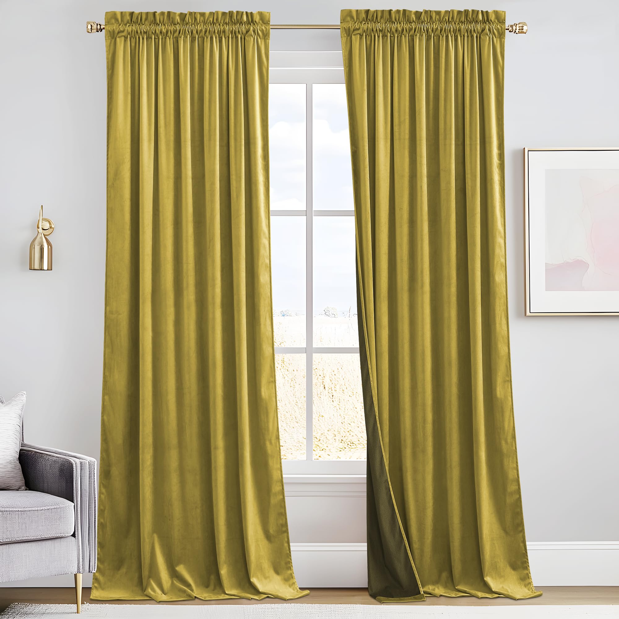 RYB HOME Warm Velvet Blackout Curtains 90 inches Long, Soft Textured Fabric, Rod Pocket Design for Bedroom Dining Room, 52" W x L90 L, Mustard Gold Image RYB HOME Warm Velvet Blackout Curtains 90 inches Long, Soft Textured Fabric, Rod Pocket Design for Bedroom Dining Room, 52" W x L90 L, Mustard Gold Image