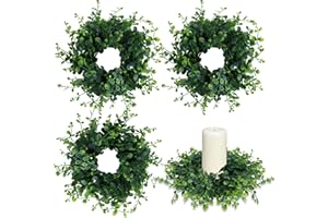 YLOLUL 4 Pcs Candle Rings Wreaths 3 Inch Wedding Candle Rings Pillars Candle Wreath Kitchen Cabinet Wreaths Mini Green Boxwood Candle Wreath for Wedding Party Decor