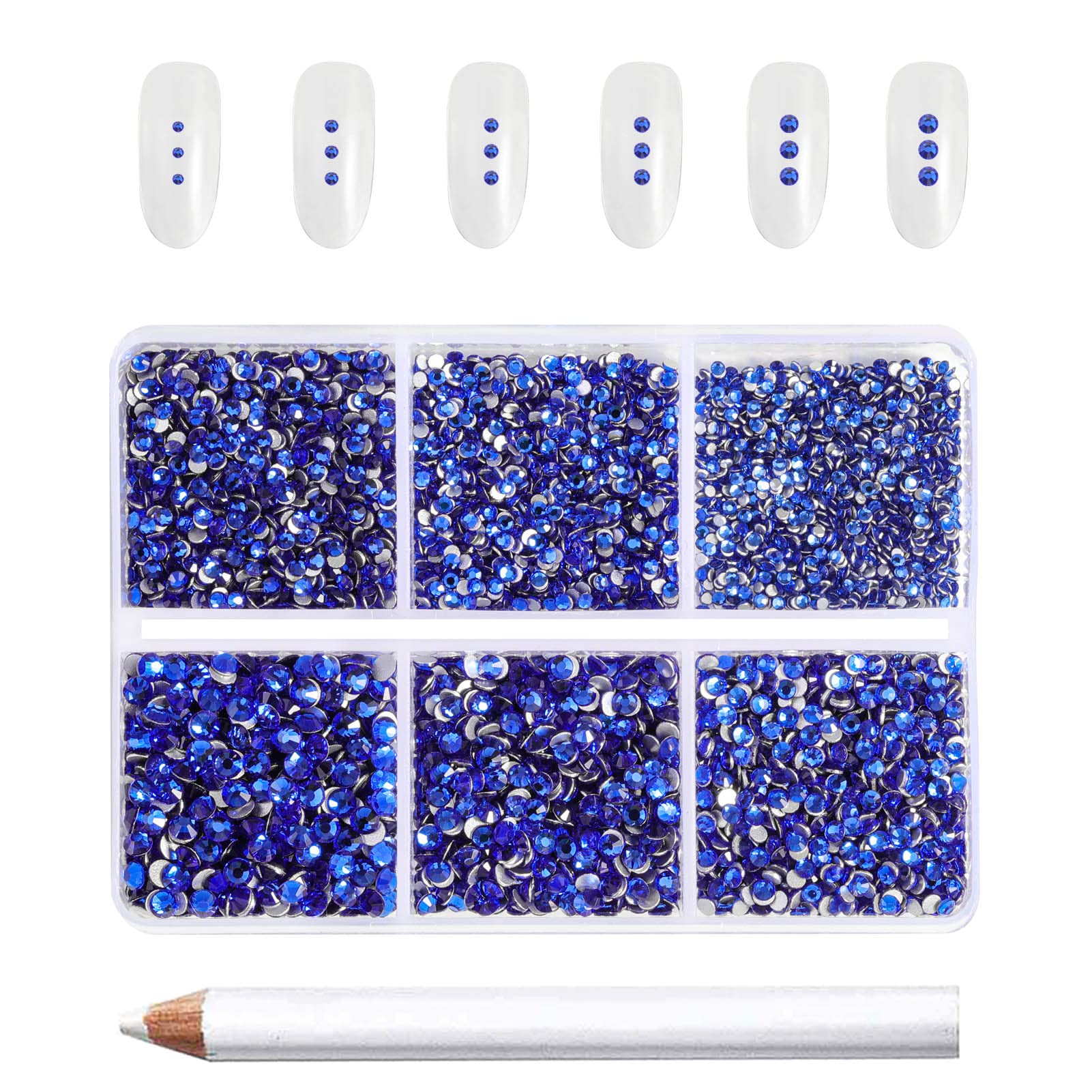 Beadsland 7200pcs Blue Flatback Rhinestones,Nail Gems Round Crystal Rhinestone for Crafts,Mixed 6 Sizes with Wax Pencil Kit, SS3-SS10,Sapphire