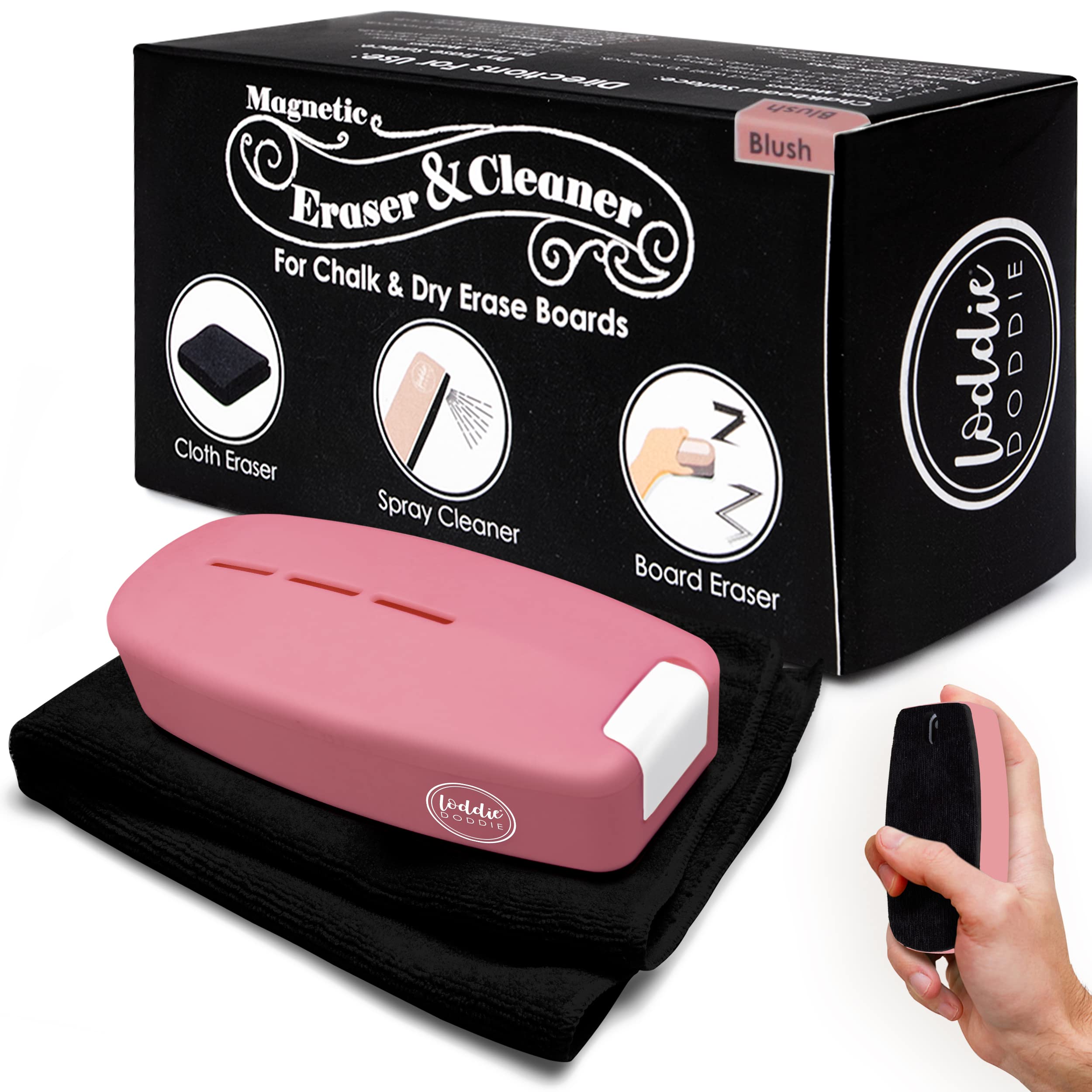 Photo 1 of Loddie Doddie 2-in-1 Magnetic Pink Dry Erase Eraser - Whiteboard & Chalkboard Spray Cleaner - Ergonomic Surface Cleaner - Blush Chalk Marker Eraser - Classroom Must Haves