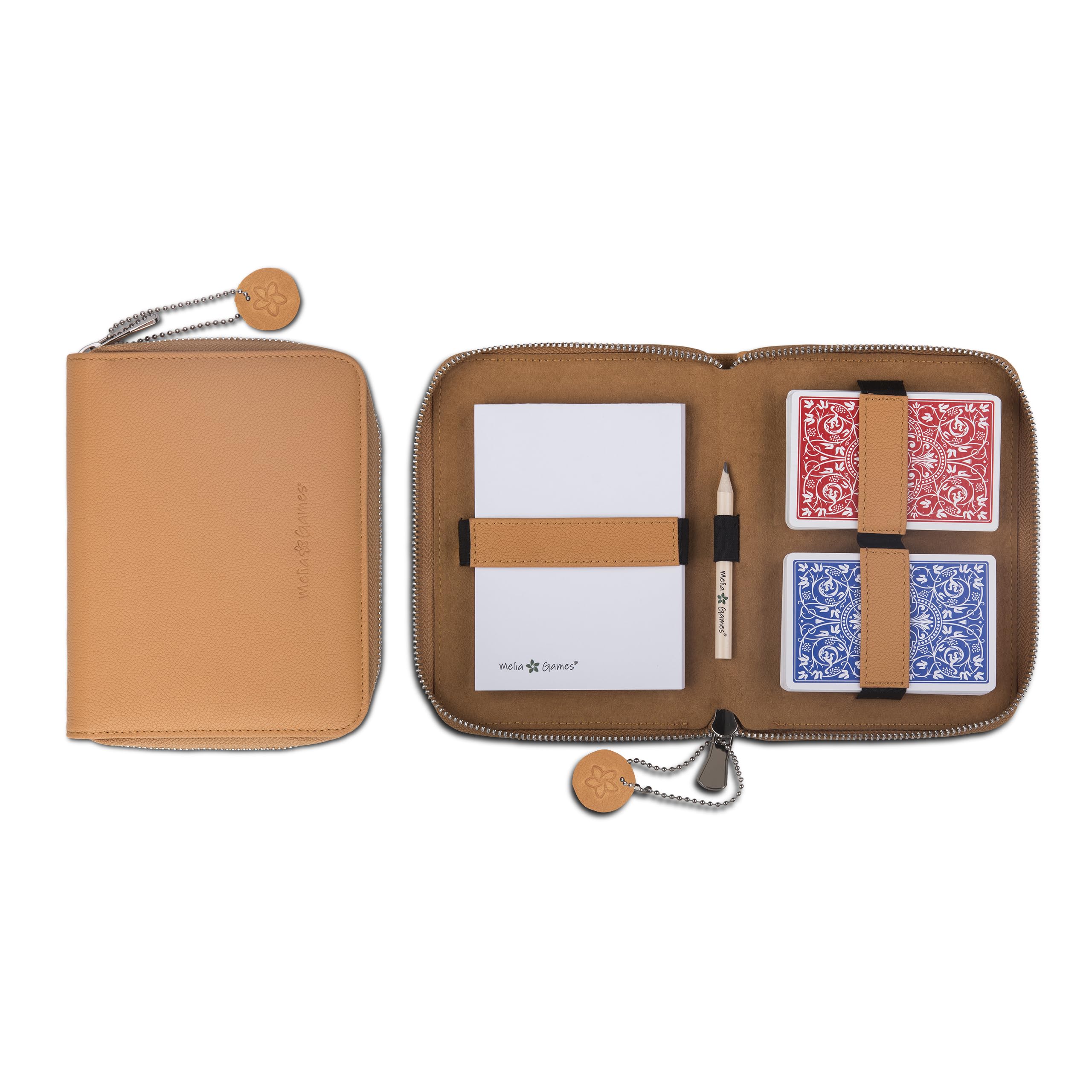 Melia Games Deluxe Playing Card Set - Exclusive Card Case Made of Finest Leather - Complete Set Including 2 Playing Card Decks, Notepad and Pencil (Designer Edition) (Mustard)